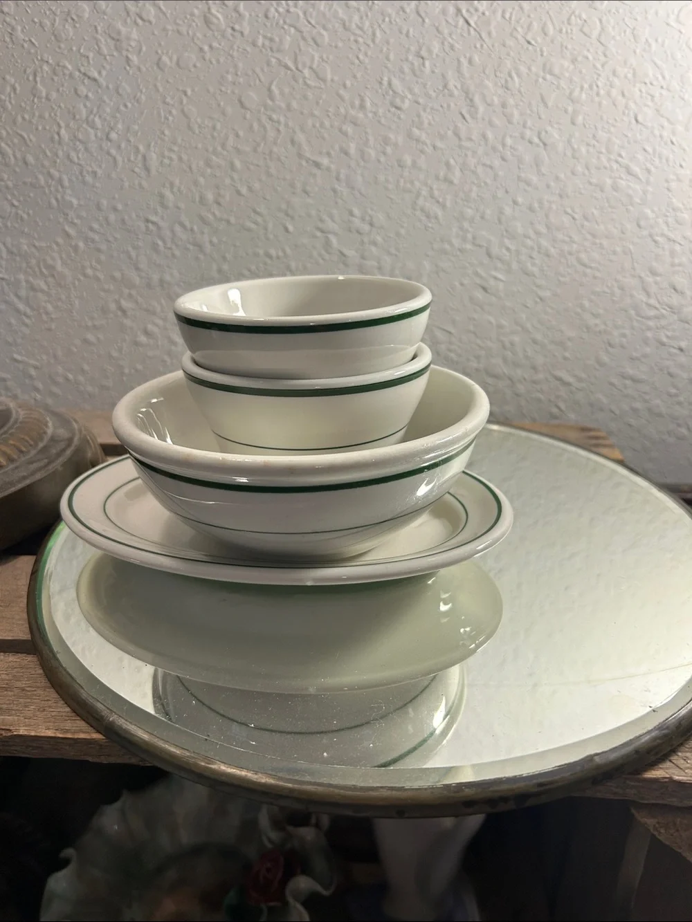 Classic White Dinnerware Set with Green Rim - 4-Piece Cottage Core